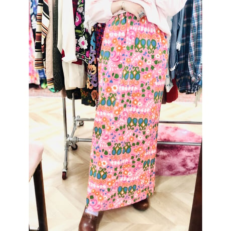 60-70s Pink floral maxi skirt【00940】