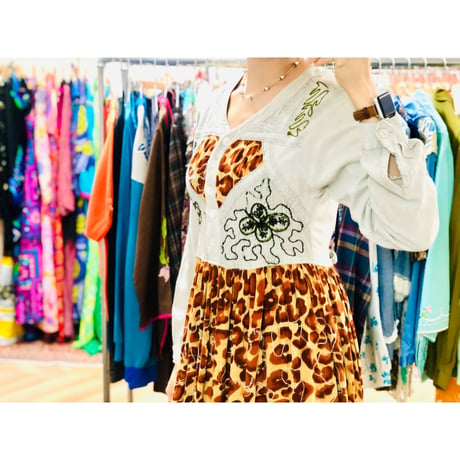 80s indian rayon leopard dress【00927】
