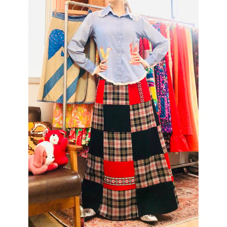 70s Wool patchwork maxi skirt【01052】