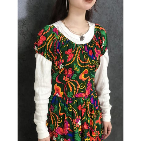 70s Butterfly and Flower dress【01448】