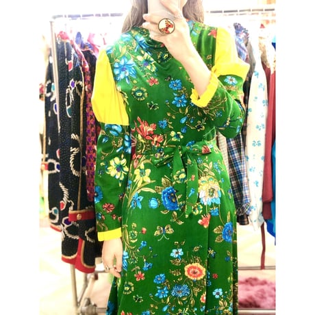 70s Bugs and Flower maxi dress【01036】