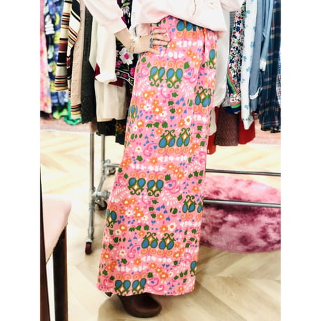 60-70s Pink floral maxi skirt【00940】