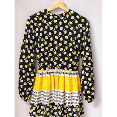 60s Black × Yellow floral maxi dress【00590】