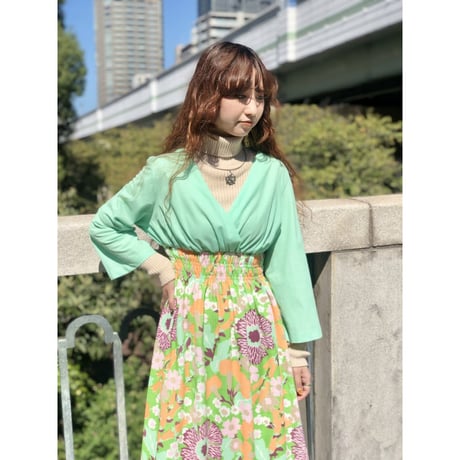 70s Green and floral maxi dress【01229】