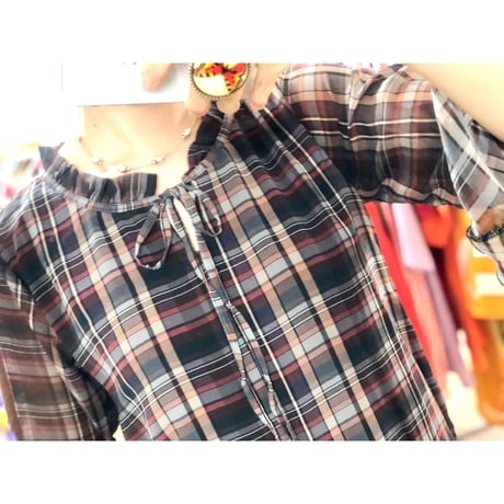 Brown plaid flare sleeve top【00899】