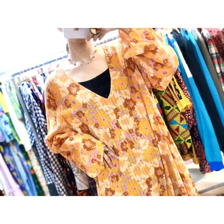 Vintage orange floral maxi dress【01217】