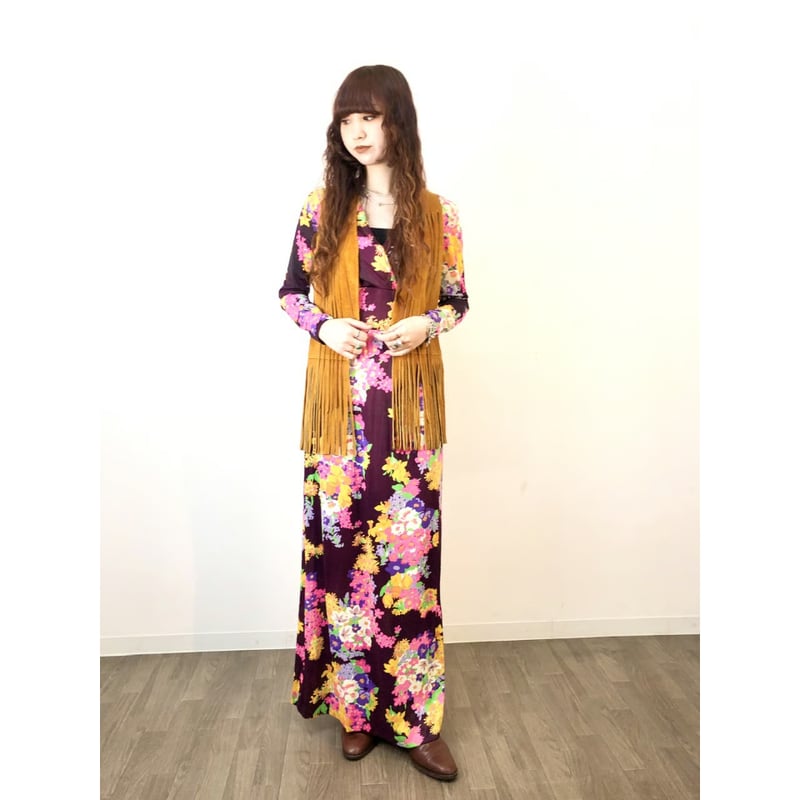 70s Burgundy floral maxi dress【01311】 | Vintage