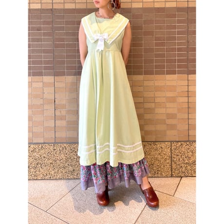 80s Lime green sailor collar dress【00312】