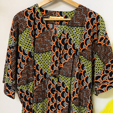 Orange×Yellow African batik dress【01188】