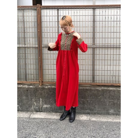 70s Red house maxi dress【01425】