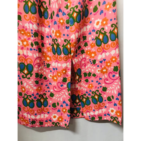 60-70s Pink floral maxi skirt【00940】