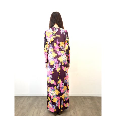 70s Burgundy floral maxi dress【01311】