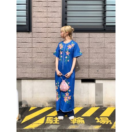 70s Blue embroidery dress【01493】