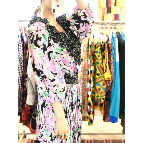 80s Floral ruffle dress 【01216】