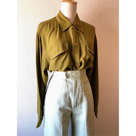 80s Green rayon blouse【00427】