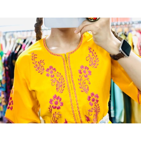 Yellow embroidered midi dress【00716】