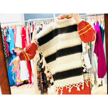 Vintage border wool poncho【00621】