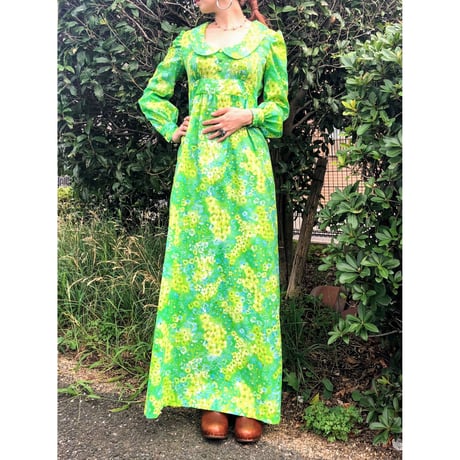 70s Lime green ｍaxi dress【00397】