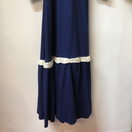 70s Navy prairie maxi dress【01224】