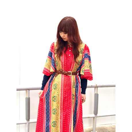 70s Red maxi dress【01075】