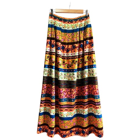 70s Orange floral maxi skirt【01452】