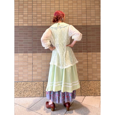 80s Lime green sailor collar dress【00312】