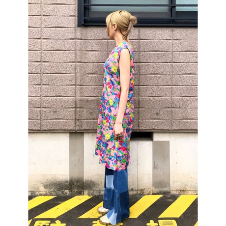 70s Pink floral sleeveless dress【01494】