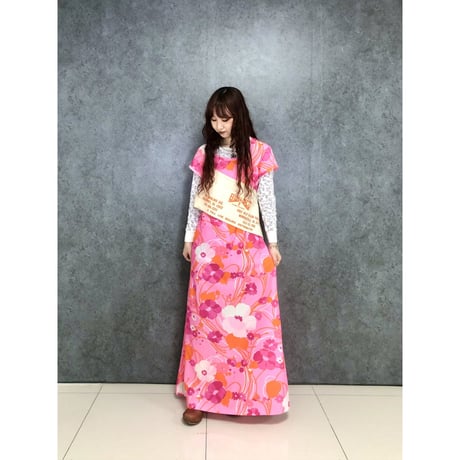 70s Pink floral maxi dress【01445】
