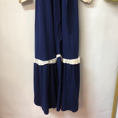 70s Navy prairie maxi dress【01224】