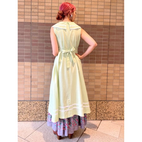 80s Lime green sailor collar dress【00312】