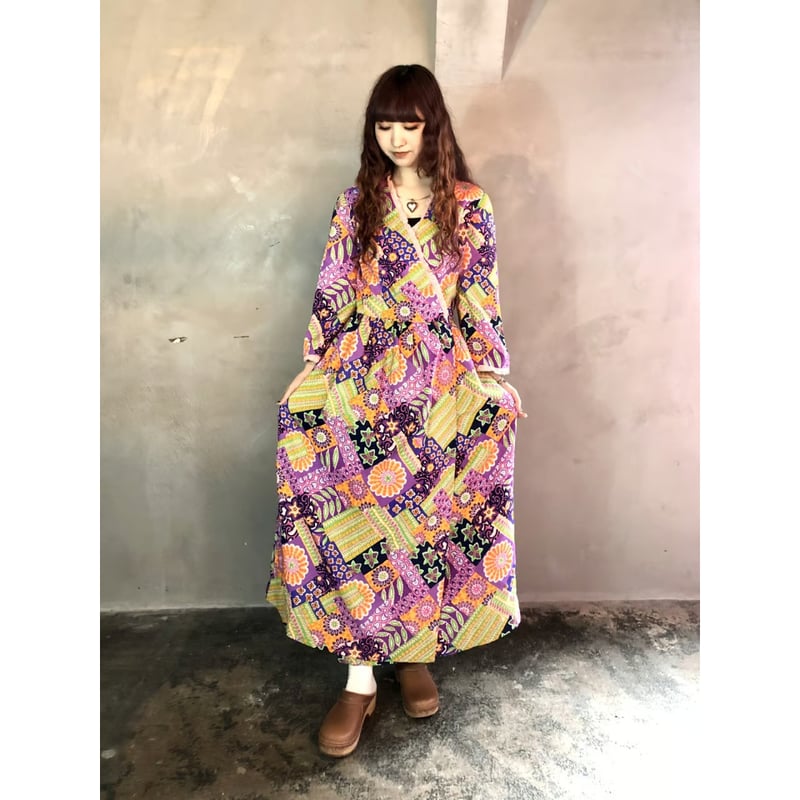 60s Psychedelic floral maxi wrap dress【01246】 |