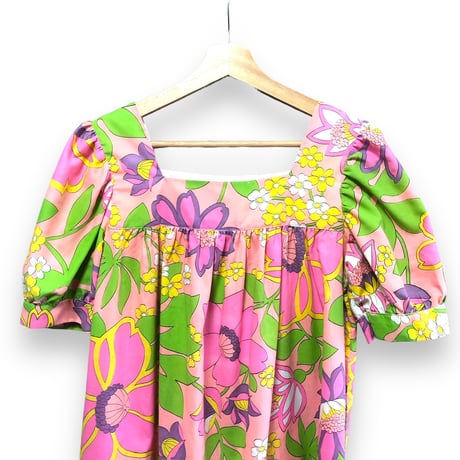 70s Pink floral maxi dress【01496】