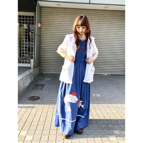 70s Sleeveless fish maxi dress【01099】