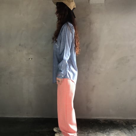 70s Red & White gingham poly pants【01290】