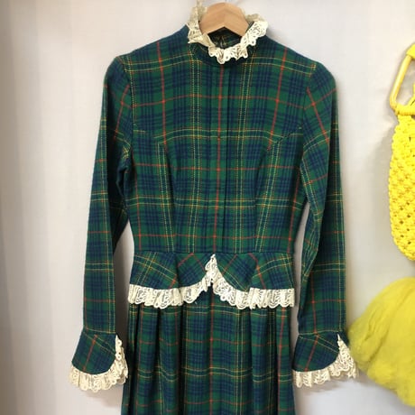 70s Green plaid wool maxi dress【01228】