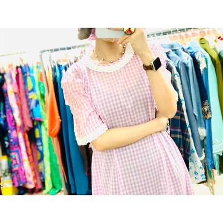 70s Purple gingham maxi dress with bonnet【00926】