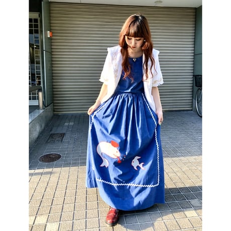 70s Sleeveless fish maxi dress【01099】