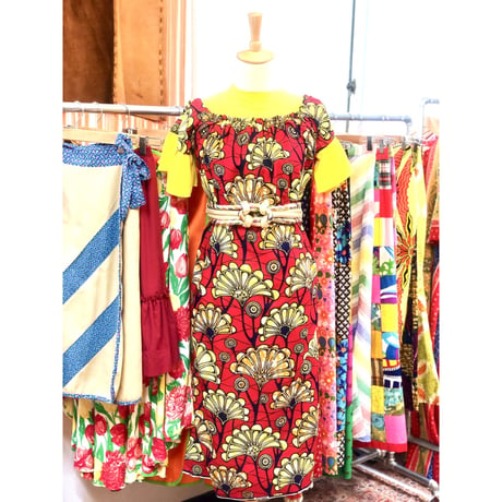 Red×Yellow African batik dress【01185】
