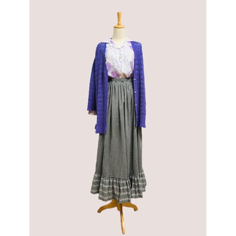 70s Black gingham maxi skirt【00598】