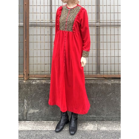 70s Red house maxi dress【01425】