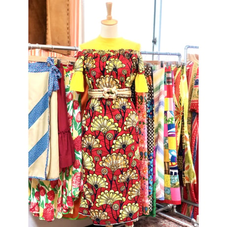 Red×Yellow African batik dress【01185】