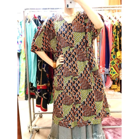 Orange×Yellow African batik dress【01188】