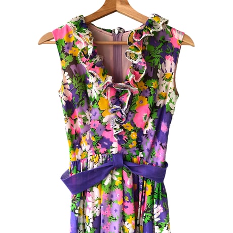 70s Purple floral sleeveless maxi dress【01313】
