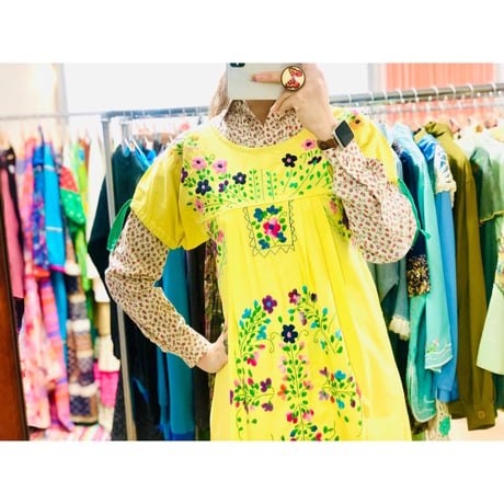 Vintage yellow embroidered dress【00828】