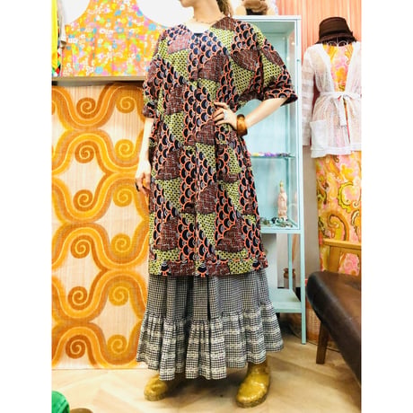 Orange×Yellow African batik dress【01188】