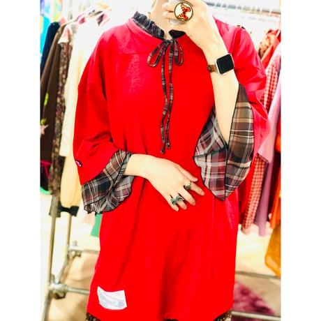 Brown plaid flare sleeve top【00899】
