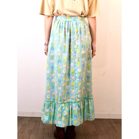 70s Light blue floral maxi skirt【01319】