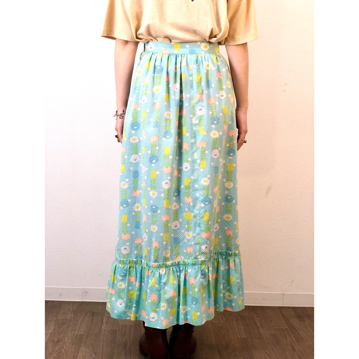 70s Light blue floral maxi skirt【01319】 | Vinta