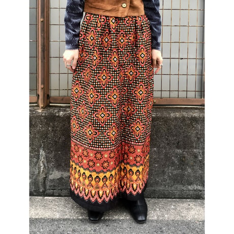 60s Orange floral quilted maxi skirt【01426】