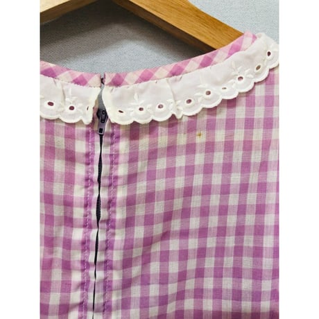 70s Purple gingham maxi dress with bonnet【00926】